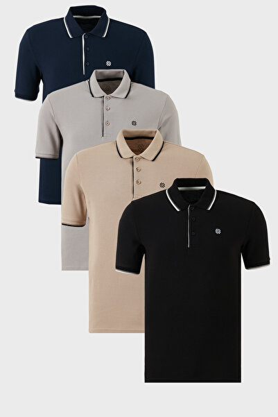Buratti Cotton Regular Fit Stripe Detailed Buttoned Polo Collar 4-Pack t Shir...