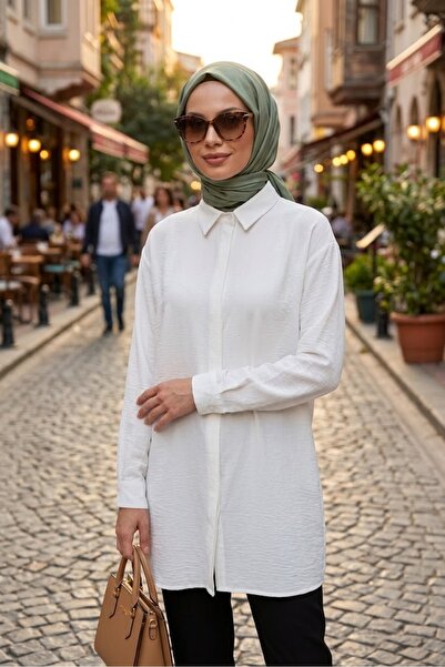 Genel Markalar Kadın Gömlek Yaka Uzun Kol Tunik Düğmeli Rahat Kesim Dökümlü T...