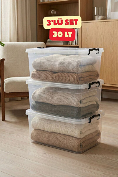 Aghilo Kilitli Saklama Kutusu 3'Lü Set 30LT x 3= 90 LT – Kapaklı & Şeffaf Erz...