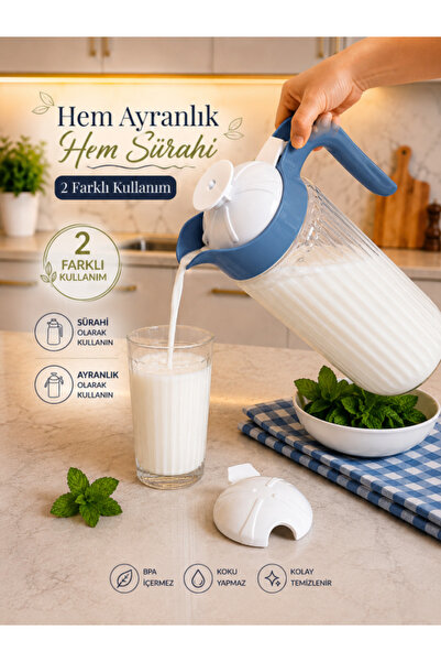 abenim 1500 cc Mavi Çİft Fonksiyonlu Kapaklı Cam Sürahi ve Ayran Karıştırma S...