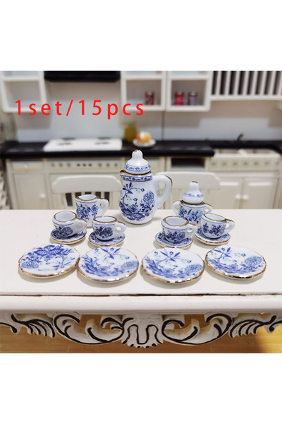 Choice5 Blue 1set/15pcs Miniature ceramic tea set, dollhouse playhouse toys, ...