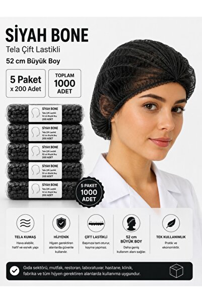 OEM Siyah Bone Tela Çift Lastikli 52 cm Büyük Boy – 5 Adet x 200 lü Paket – T...