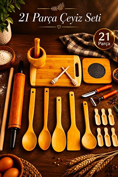 SWENCRAFT Doğal Ahşap Bambu 21 Li Dönerli Merdane Havan Oklava Nihale Kaşık K...