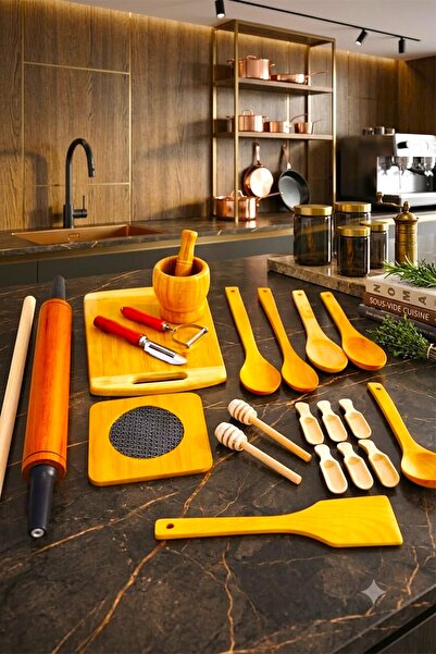 SWENCRAFT Doğal Ahşap Bambu 21 Li Dönerli Merdane Havan Oklava Nihale Kaşık Kepçe Bambu Kesme Tahtası Çeyiz Seti