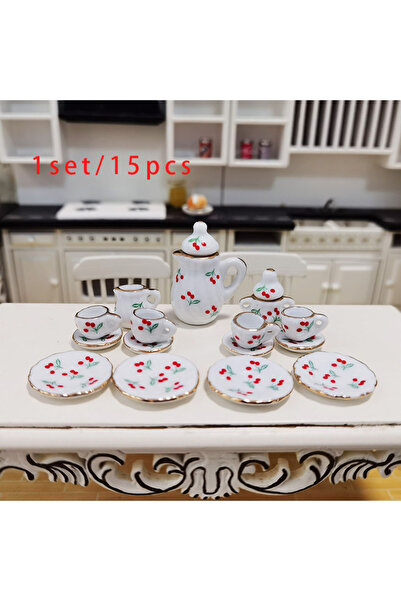 Choice3 Red Cherry 1set/15pcs Miniature ceramic tea set, dollhouse playhouse ...