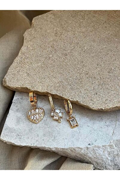 nunu takı Gold Color Heart Stone Triple Earrings