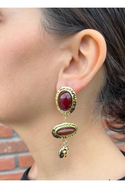 nunu takı Burgundy Brown Stone Pendant Earrings