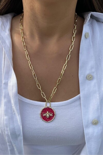 nunu takı Pink Bee Pendant Necklace