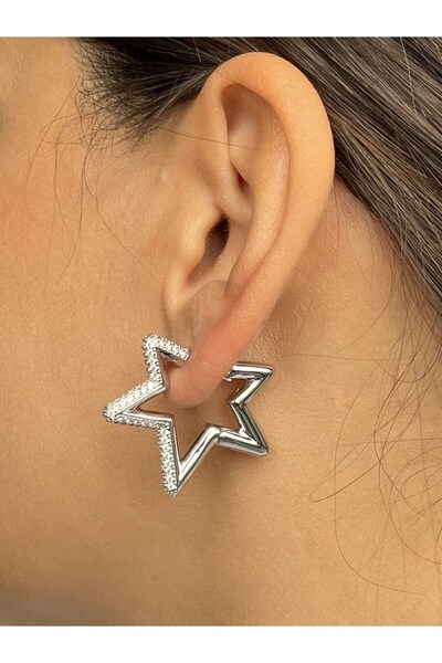 nunu takı Silver Color Star Earrings with Stones