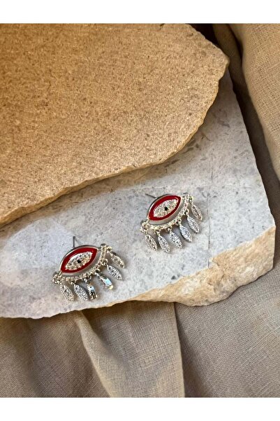 nunu takı Silver Colored Stone Red Eye Earrings