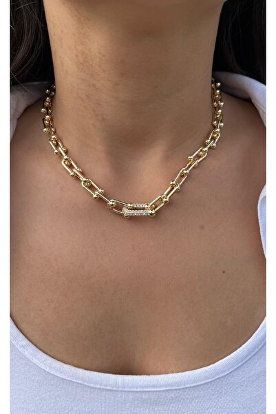 nunu takı Gold Color Chain Necklace with Stone Tip