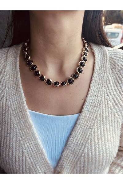 nunu takı Black Stone Chain Necklace