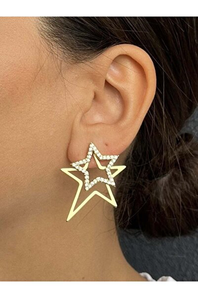 nunu takı Two Star Earrings with Gold Color Stones