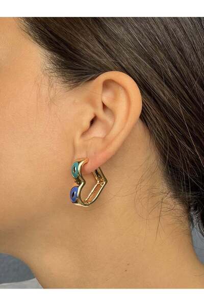 nunu takı Gold Color Heart Earrings with Eyes