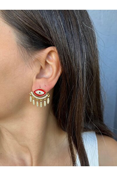 nunu takı Red Eyed Earrings with Gold Colored Stones