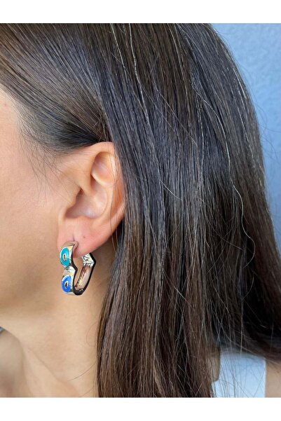 nunu takı Silver Color Eye Heart Earrings