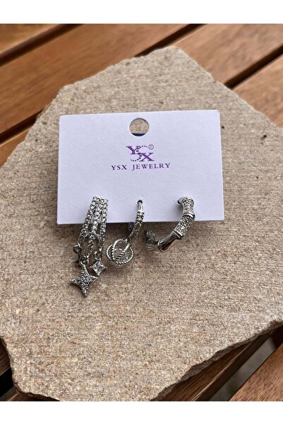 nunu takı Ysx Jewelry Silver Star and Stone Triple Earring Set