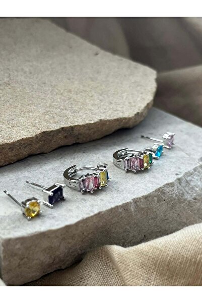 nunu takı Silver Colorful Six-Piece Earrings with Colored Stones