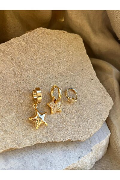 nunu takı Gold Color Stone Star Triple Earrings