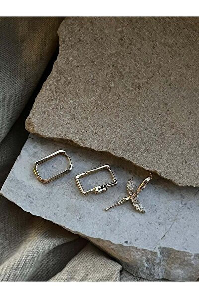 nunu takı Gold Color Stone Angel Triple Earrings