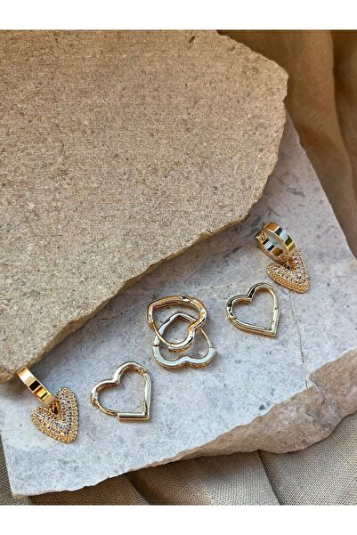 nunu takı Gold Color Heart and Stone Six-Piece Earrings