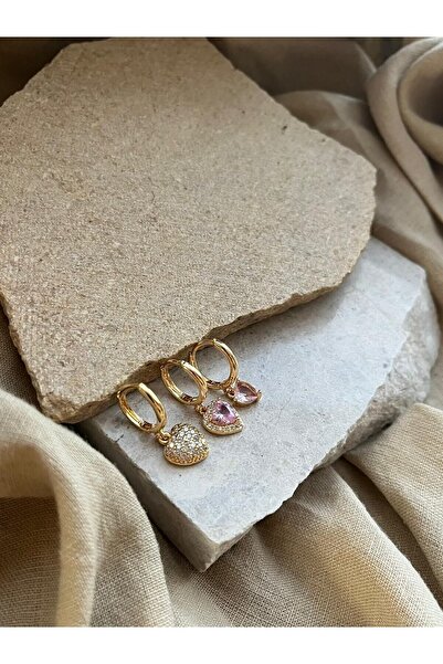 nunu takı Gold Color Heart Stone Triple Earrings