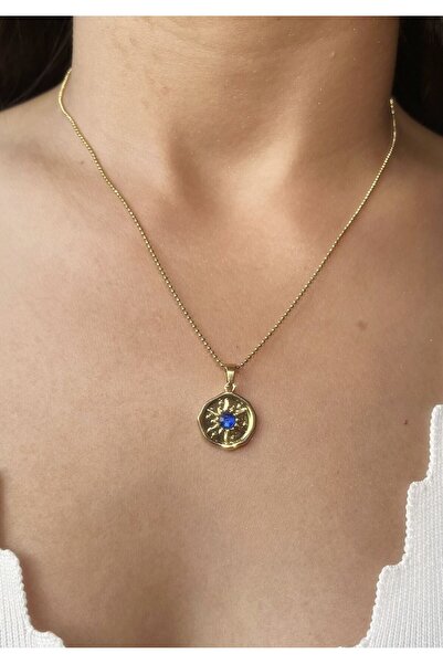 nunu takı Blue Stone Round End Necklace