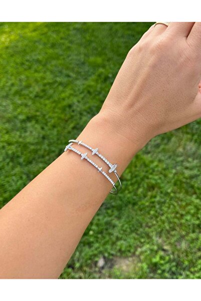 nunu takı Silver Colored Stone Clover Handcuffs
