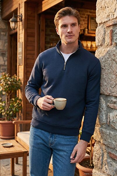 Buratti Cotton Regular Fit Half Zipper Stand Collar Sweat Men's Sweat 59052592