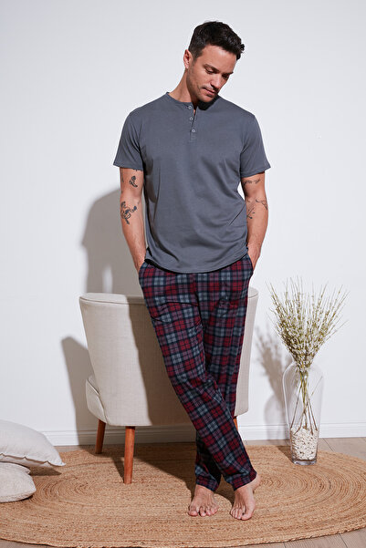 Buratti Plaid Cotton Elastic Waist Regular Fit Short Sleeve Pajama Set Men's ...