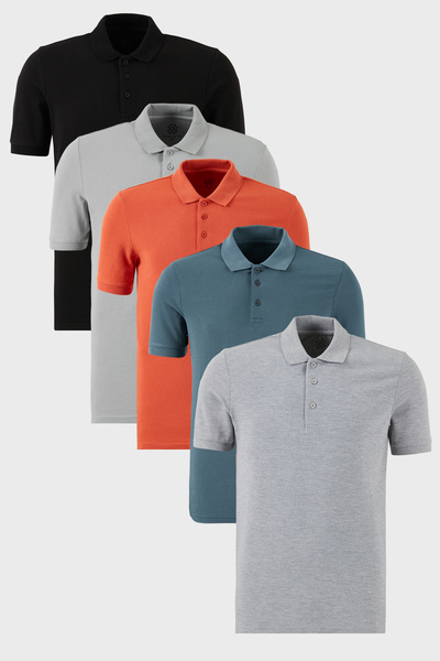 Buratti Pamuklu Regular Fit Düğmeli Polo Yaka 5'li Paket T Shirt Erkek T SHİR...