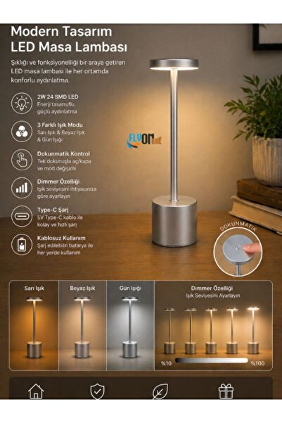 FLYONLOOK Şarjlı LED Masa Lambası Dokunmatik Dimmerli 3 Renk Modlu Type-C Şar...