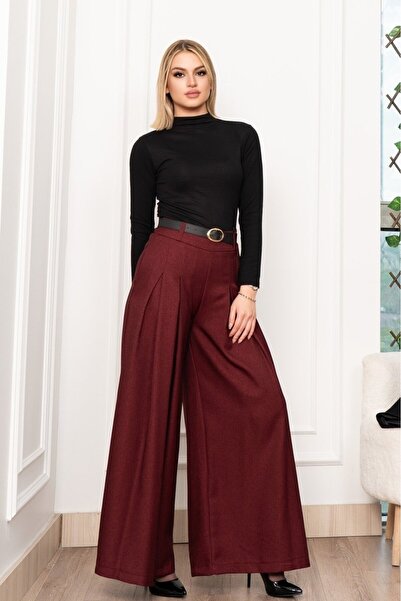 MODA Justa Stitched Pleated Wide Leg Bordo Belted Trousers Bordo