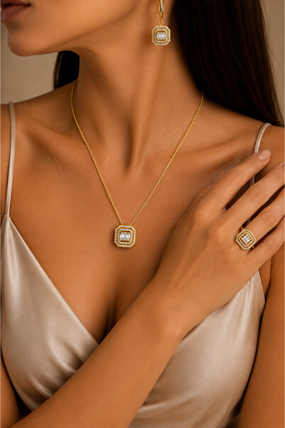 Inure Jewelry Baget Model Zirkon Taşlı Vip Model (Kolye&Küpe&Ayarlanabilir Yü...