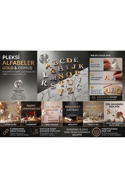 PARTİADA PLEKSİ AKRİLİK ALFABE HARFLER (GOLD VE GÜMÜŞ SEÇENEKLERİYLE)