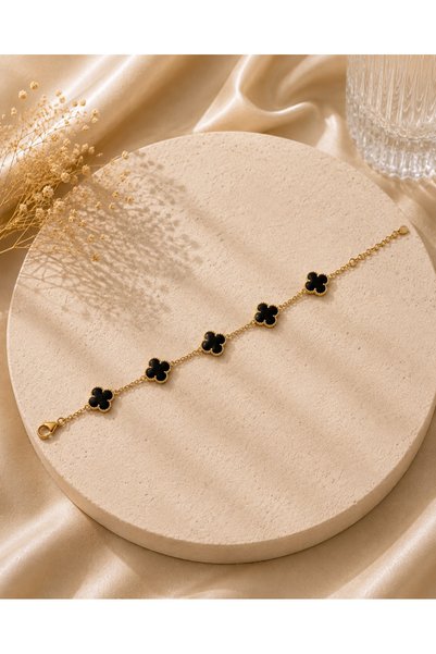 Desing 925 Ayar Gümüş Altın Kaplama 5li 12mm Siyah Taşlı Çiçek Bileklik 9 Gr