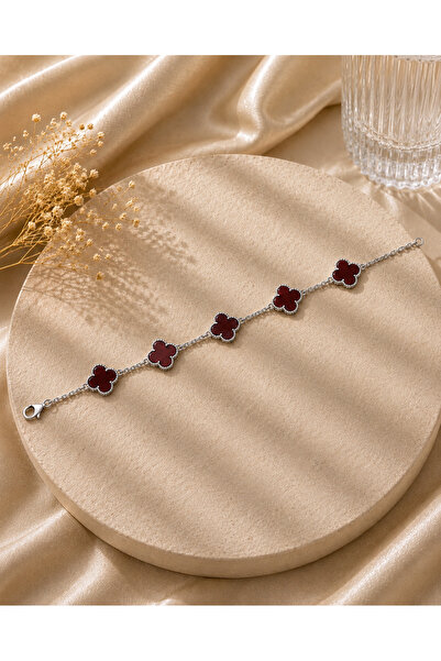 Desing 925 Ayar Gümüş 5li 10mm Bordo Taşlı Çiçek Bileklik 9 Gr