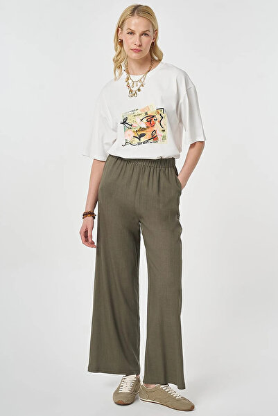 Kayra Elastic Waist Linen Viscose Trousers Khaki