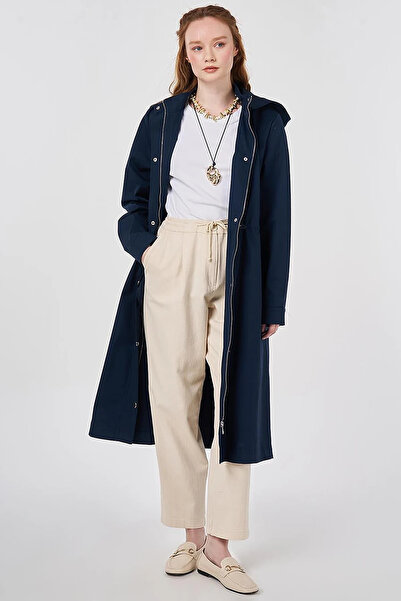Kayra Hooded Detailed Trench Coat Dark Navy Blue