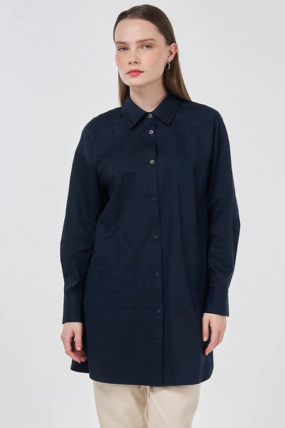 Kayra 100% Cotton Lu Shirt Collar Laser Cut Navy Blue Tunic