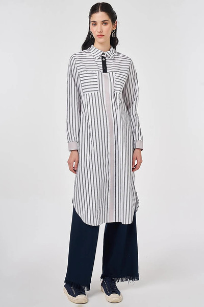 KYR Stripe Pattern Cotton Long Tunic Black