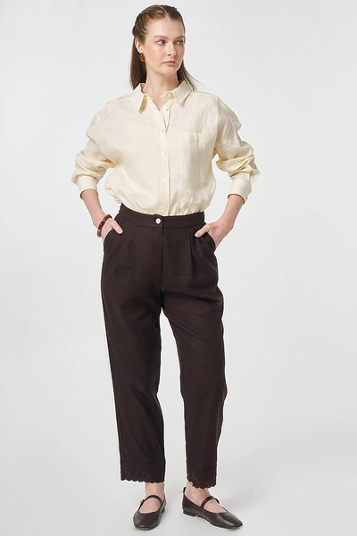 Kayra Linen Trousers with Leg Detail in Dark Brown
