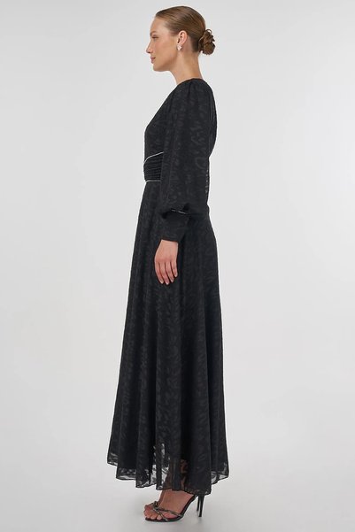 Kayra Drape Detailed Jacquard Dress Black