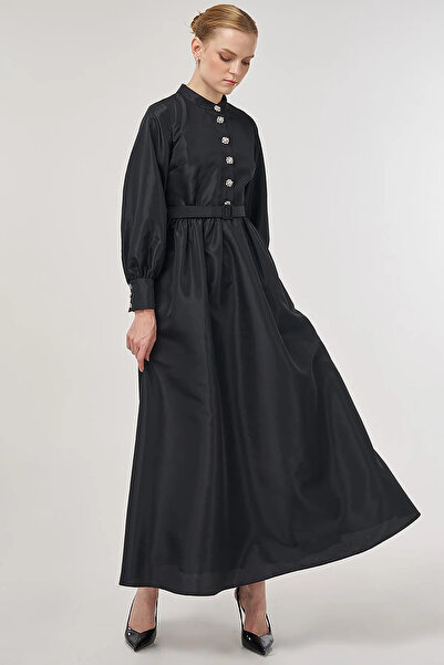 Kayra Belt Detailed Taffeta Dress Black