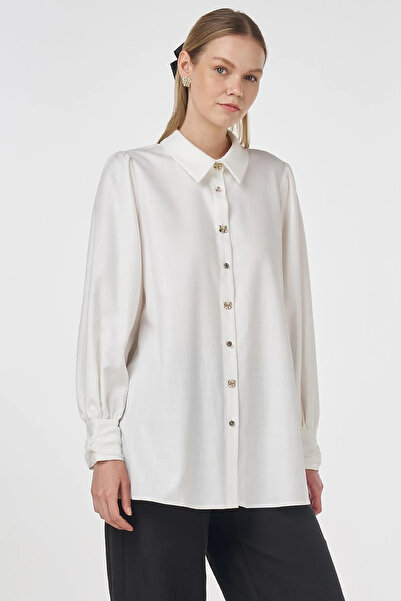 Kayra Shiny Buttoned Viscose Tunic Optical White