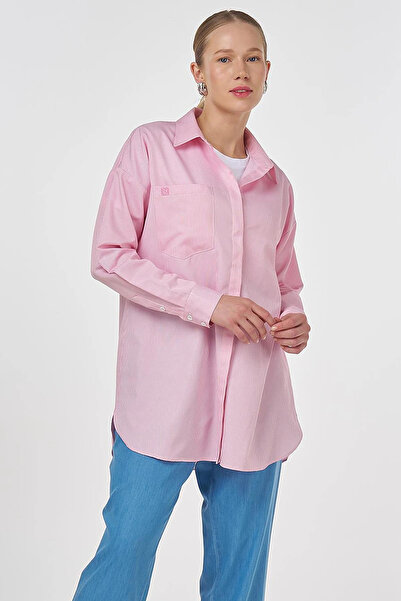 Kayra Single Pocket Cotton Basic Tunic Pink