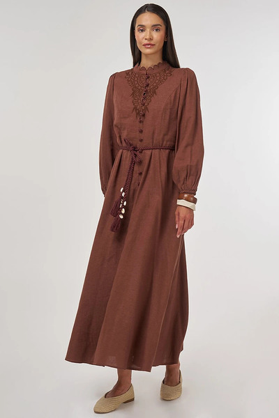 Kayra Linen Viscose Maxi Dress with Rope Belt Brown