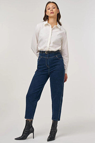 Kayra High Waist Carrot Cut Denim Trousers Navy Blue