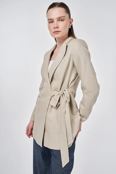 Kayra Double-Breasted Tie-Detail Linen Jacket Stone