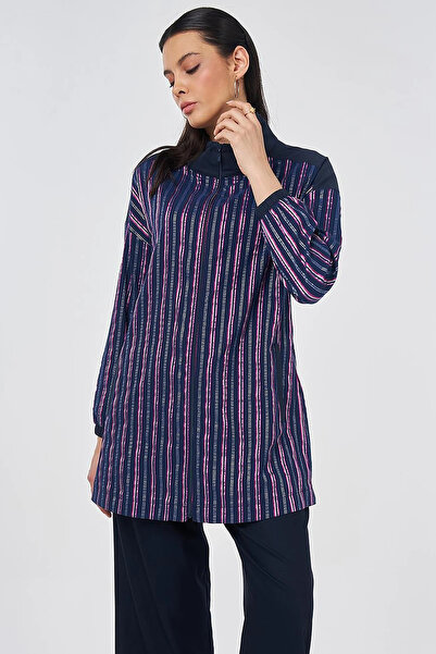 KYR Embossed Pattern Stand Collar Tunic Dark Navy Blue